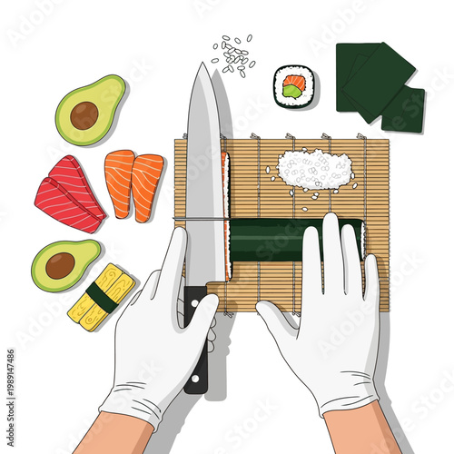 Chef Hands Preparing Fresh Sushi Roll on Bamboo Mat Illustration
