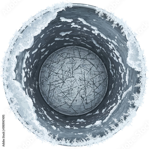 Frozen bucket rim with ice crystals, top view