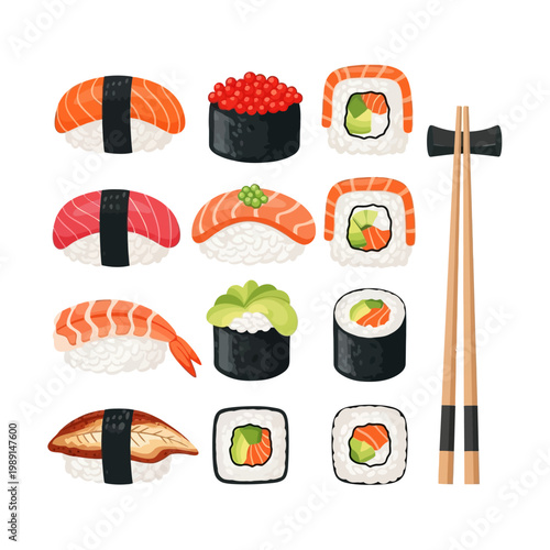 Assorted Sushi and Maki Set with Chopsticks Illustration