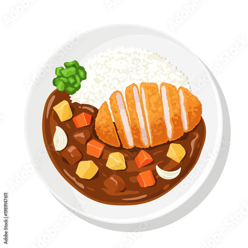 Japanese Pork Katsu Curry with Rice Vector Illustration
