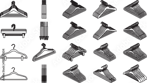 Array of Various Clothes Hangers Displayed: A neatly arranged collection of clothing hangers in diverse styles, presenting a sophisticated, well-organized arrangement.