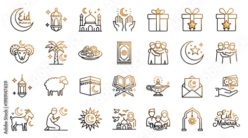 Eid al-Adha Islamic Icon Set in Linear Style. A collection of religious icons including ram, sheep, mosque, lantern, Kaaba, Quran, prayer, gift, crescent moon, star, dates, and more. Vector.