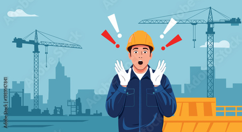 Surprised construction worker in a hard hat looking shocked at a busy building site with large cranes in the background.