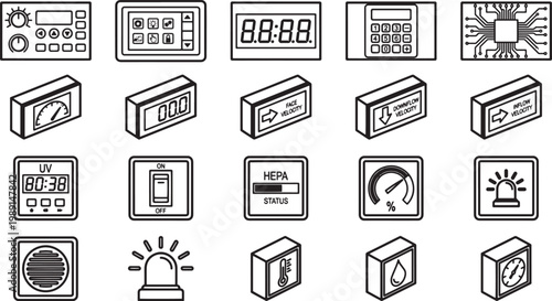 Various technological control panels and interfaces, captured in a clean and schematic illustration, represent a wide array of options for user control.