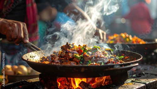 Close-up of street food cooking over an open fire, creating steam