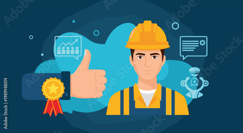 Construction worker in a hard hat and overalls with a thumbs up gesture surrounded by performance charts and an award.