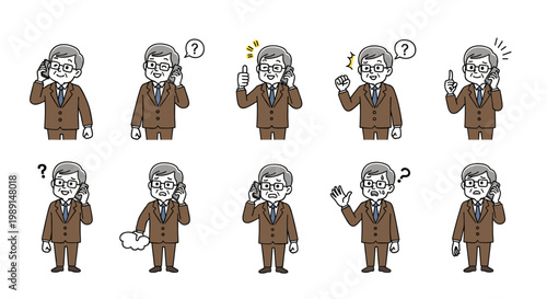 Set of ten flat icons showing a senior businessman in a brown suit making different phone calls and expressing emotions.