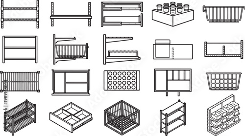 Various minimalist line drawings depict an array of shelves and storage solutions, showcasing different designs suitable for retail, industrial, and home organization needs.