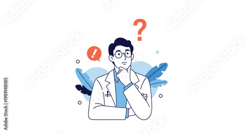 Puzzled male doctor with his hand on his chin looking up at question mark and exclamation point bubbles in a medical setting.