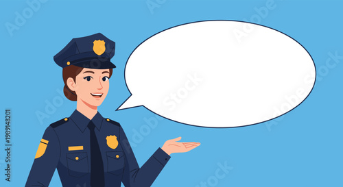 Happy female police officer in a dark blue uniform gesturing with her hand toward a large blank white speech bubble.