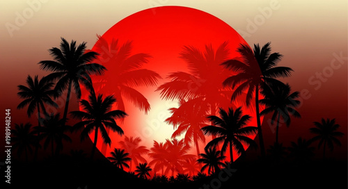 Vibrant Red Sun Setting Behind Silhouetted Palm Trees.