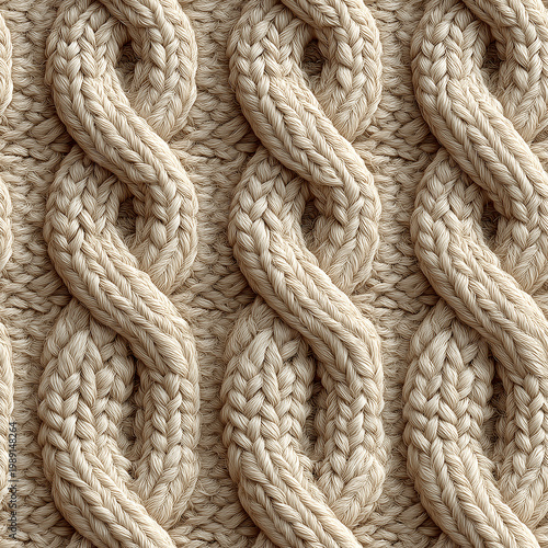 Close-up of intricately braided cable knit pattern in cream-colored yarn, showcasing detailed.