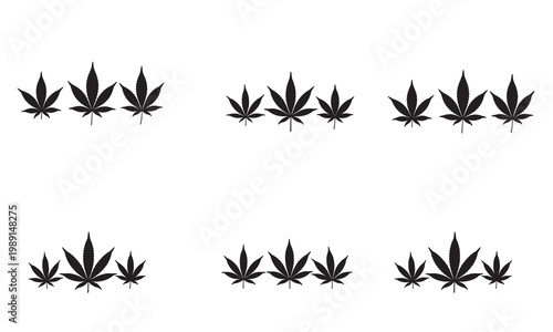 Six arrangements of cannabis marijuana leaves in black silhouette on white, symbolizing growth