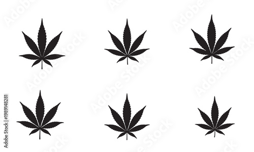 Six black silhouettes of cannabis marijuana leaves on a white background, medical and legal use