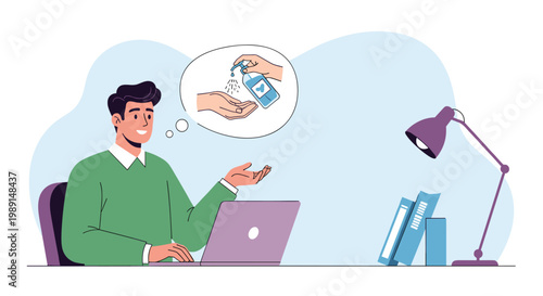 Man sitting at a laptop computer in a home office thinking about using hand sanitizer or washing his hands for safety.
