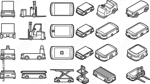A detailed collection of various automated guided vehicles (AGVs) presented from multiple perspectives, showcasing the intricate design and functionality of automated material handling equipment.