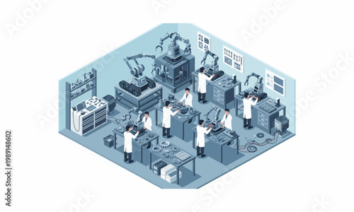 Isometric view of a modern research and development laboratory with scientists and advanced equipment.