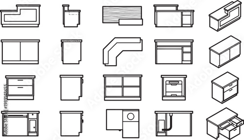 Diverse selection of detailed cabinet illustrations, highlighting furniture design and functionality.