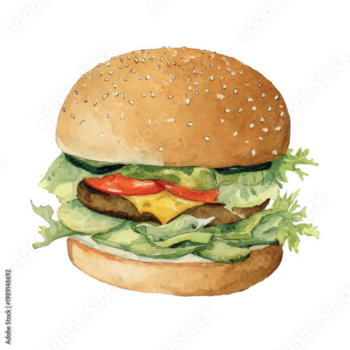 Delicious cheeseburger with lettuce tomato.