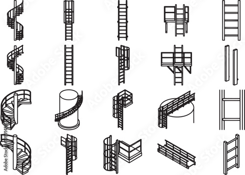A compilation of intricate ladders and staircases in a detailed illustration. Featuring a variety of designs for ascending and descending.