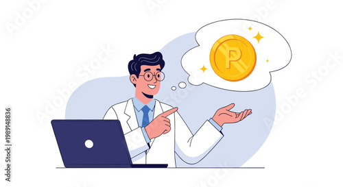 Smiling male doctor at a laptop computer thinking about earning money represented by a large gold coin.