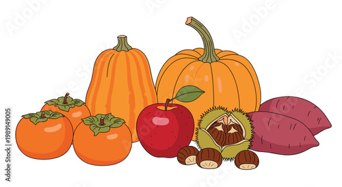 Colorful illustration of various autumn harvest vegetables and fruits including pumpkins and chestnuts.