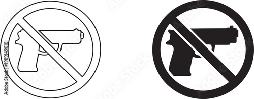 No gun sign and weapon prohibition icons in black silhouette and linear outline vector style.