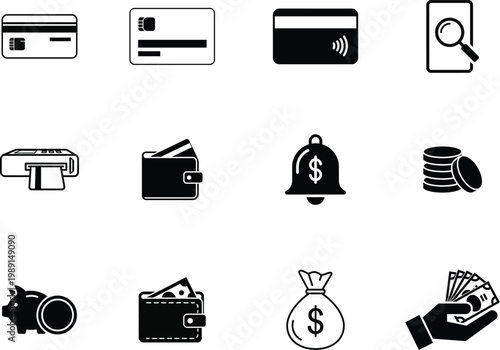 A collection of black and white financial icons on transparent background