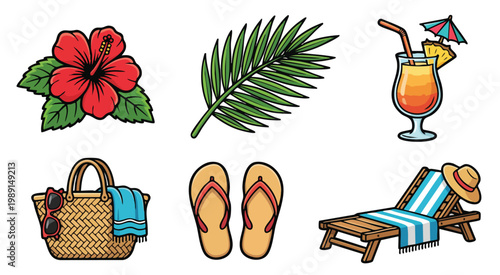 Colorful summer icons including hibiscus, palm leaf, and tropical drink