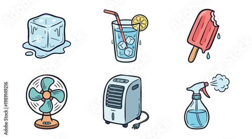 Collection of summer cooling items in colorful cartoon style