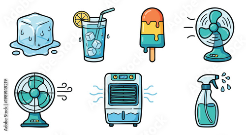 Cool Summer Icons Featuring Ice, Fans, and Refreshing Drinks