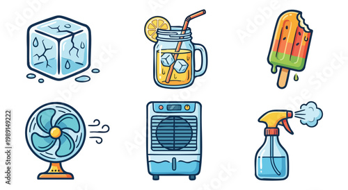 Colorful summer icons with lemonade, fan, and popsicle