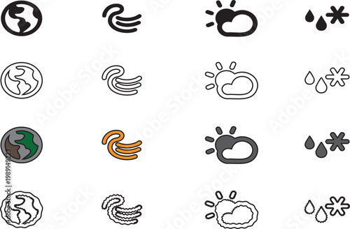 Weather and Earth Icon Set with Globe Wind Cloud Rain and Snow in Color and Outline Style