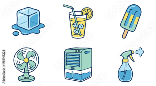 Set of Summer Cooling Icons Including Drinks and Appliances