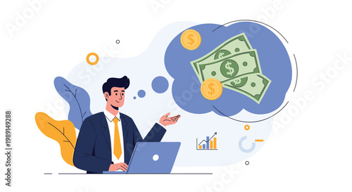 Businessman working at a laptop thinking about financial success with money and growth icons in a bubble.