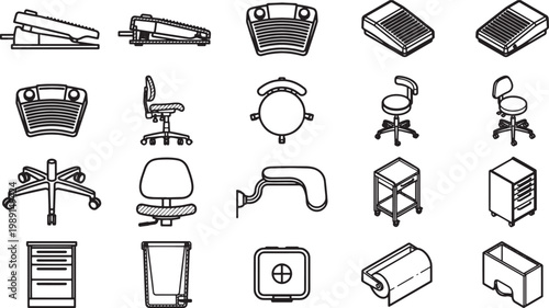 A comprehensive collection of office supplies and furniture, including staplers, chairs, and other equipment, meticulously arranged in a high-angle shot.