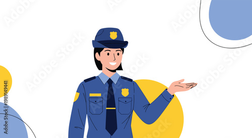 Female police officer in a blue uniform with a friendly smile gesturing towards an empty space for text.