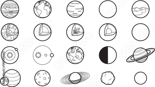 Detailed line art illustrations showcase various celestial bodies, including planets, moons, and asteroids, each meticulously crafted to highlight their unique features in a minimalist style.
