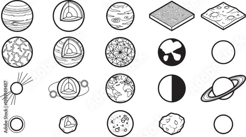 A collection of illustrated celestial bodies and geological formations showcases the beauty and complexity of the universe and planetary science.