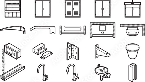 An array of architectural elements and furniture components in a stylish, minimalist design.