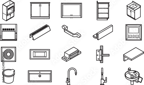 An array of meticulously rendered household fixtures, showcasing a variety of kitchen cabinet doors, sinks, taps, and accessory components, illustrated in crisp, clean lines and shadows.