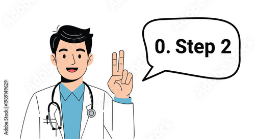 Male doctor in a white lab coat holding up two fingers for the second step of a medical procedure.