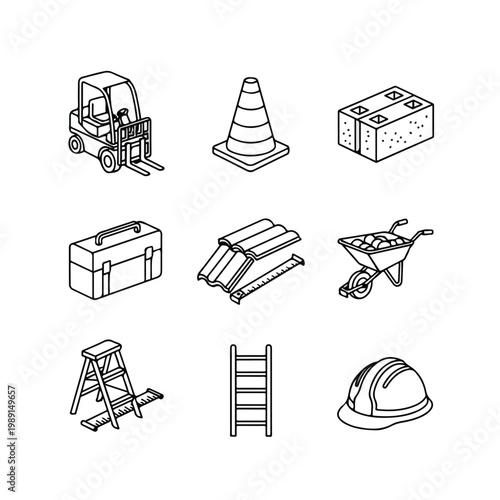 This vector illustration features a set of nine hand-drawn isometric icons representing various construction tools, equipment, and safety gear.