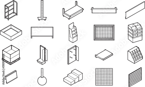 Collection of detailed line art depictions of various display shelves, stands and merchandising fixtures, each showcasing a unique retail storage solution for product presentation.