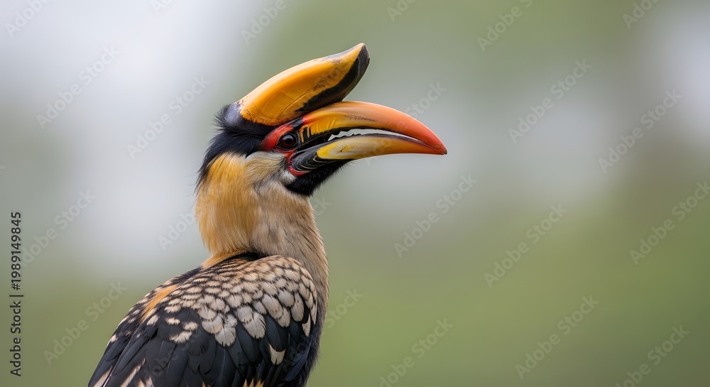 Fototapeta premium Sunbird beak bird with bright orange tongue, wildlife close-up portrait, tropical bird in soft blur background, colorful hornbill-like bird stance, feathered head