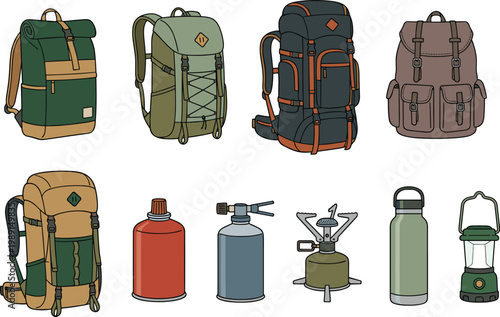 Camping Gear Vector Set with Backpacks, Gas Canisters, Portable Stove, Thermos, and Lantern for Outdoor Adventure, Hiking, Trekking, and Travel Equipment Design