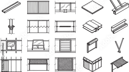 Architectural detailing, a meticulous assortment of technical architectural drawings showcasing various design elements for construction and aesthetic considerations. 