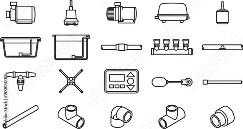 A set of streamlined icons representing various equipment, machinery, and components used in the industry, all designed in a modern style.