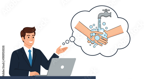 Businessman in a suit at a laptop thinking about proper hand hygiene with a faucet and soap bubble.