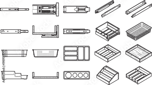 A collection of assorted drawer organizers and components, each carefully rendered to highlight form and function.
